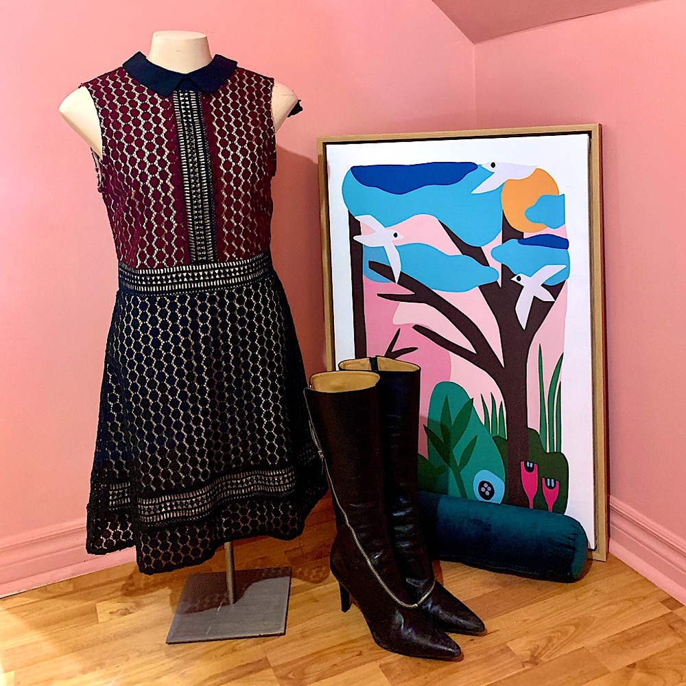 Collared Sleeveless Crochet Detail Keyhole Dress